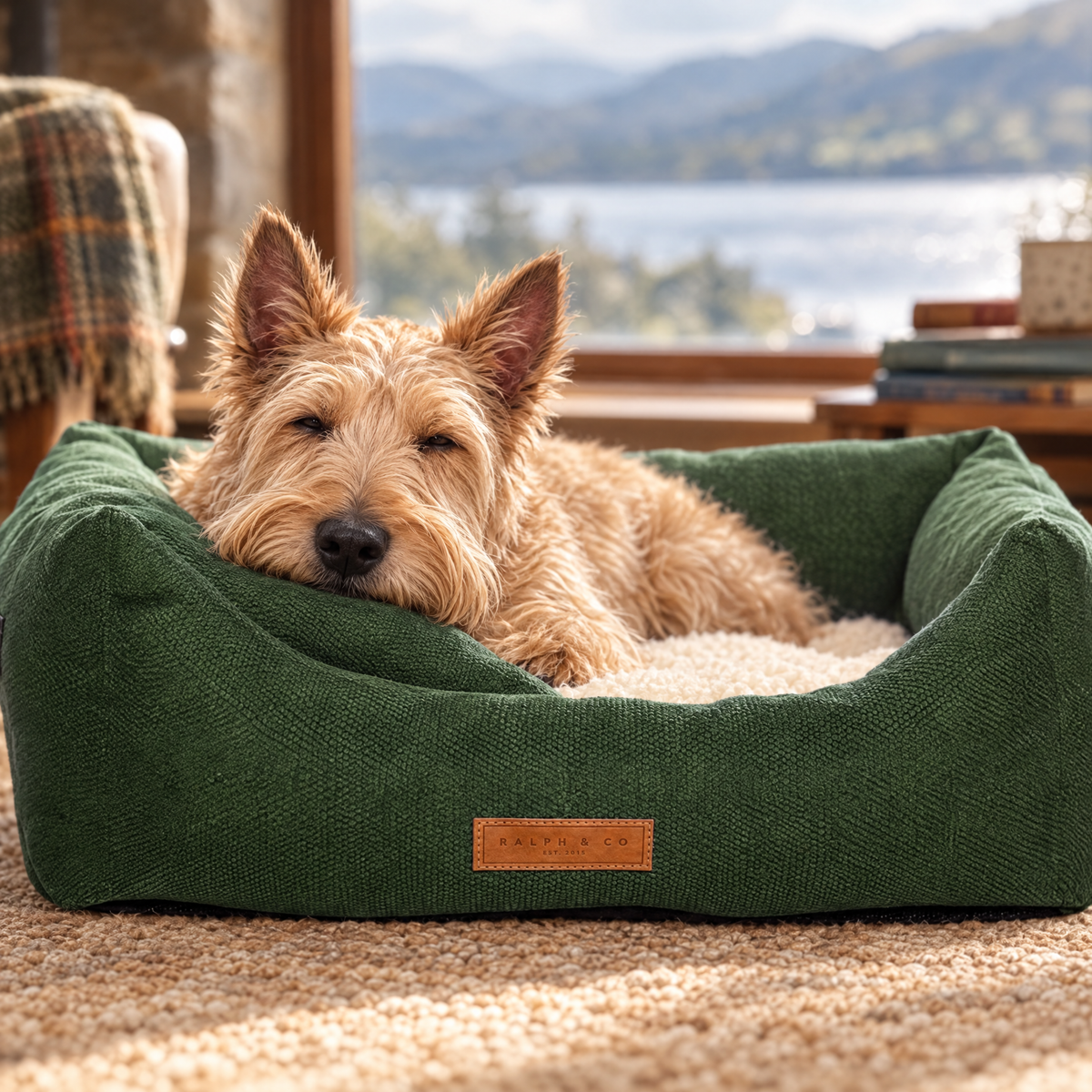 A Scottish Terrier resting its chin on the Richmond bed's bolster