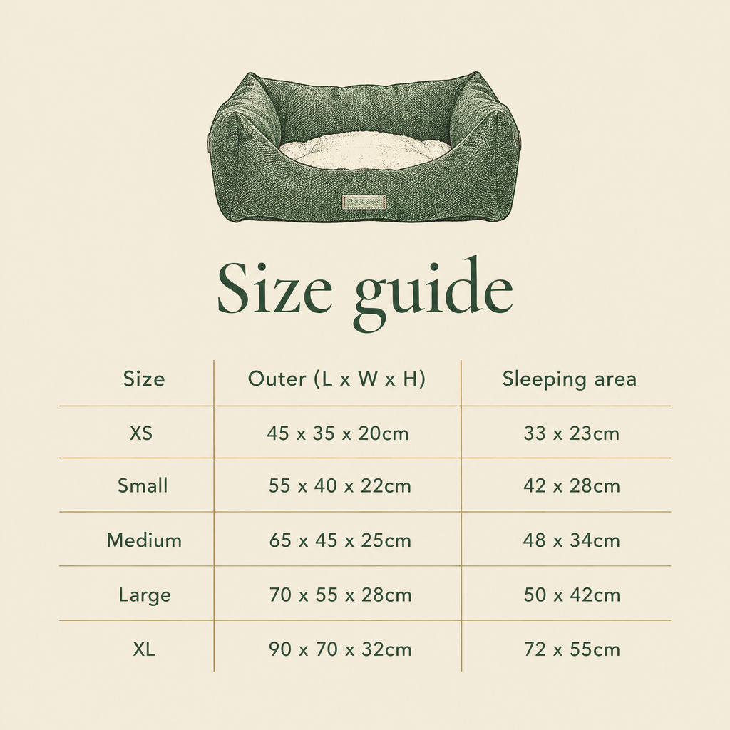 Richmond green bolster bed size guide, XS to XL