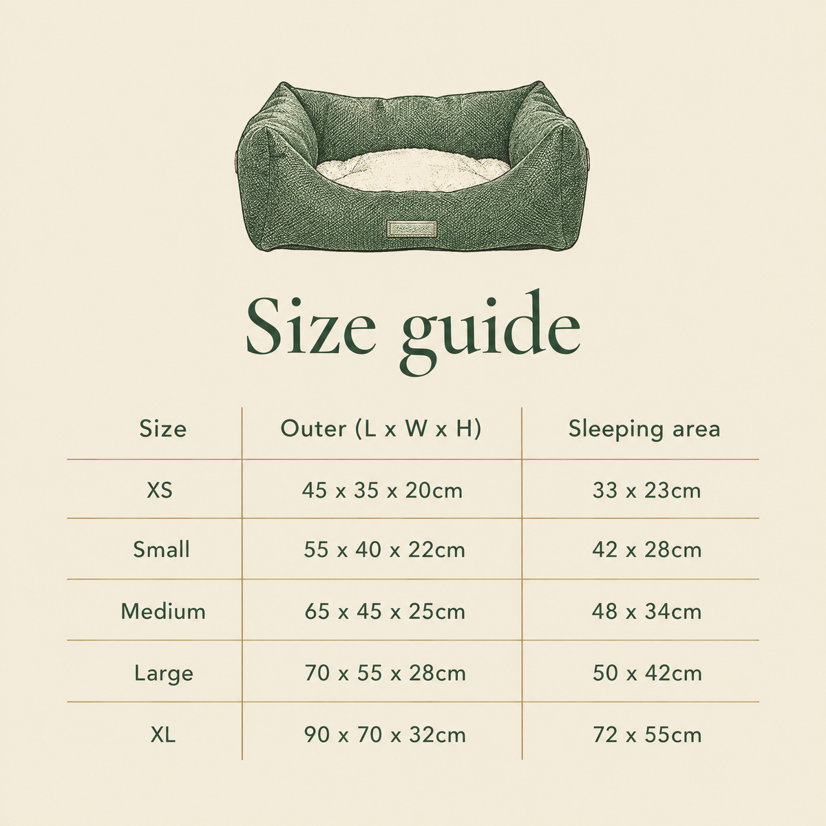 Richmond green bolster bed size guide, XS to XL