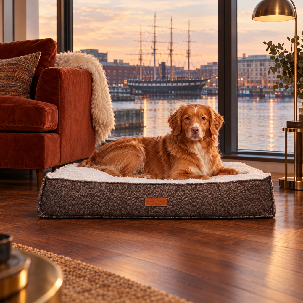Nova Scotia Duck Tolling Retriever on the Lincoln tweed flat pillow bed in a Bristol harbourside living room