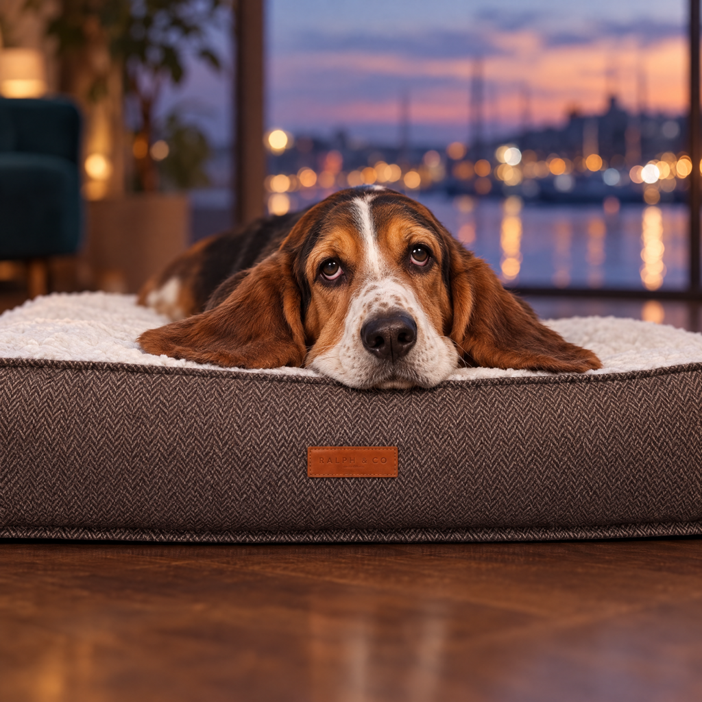 Basset Hound resting its chin on the Lincoln tweed flat pillow bed