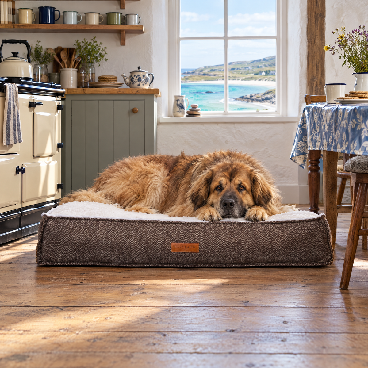 Leonberger lying across the large Lincoln tweed flat pillow bed in a Hebridean croft kitchen