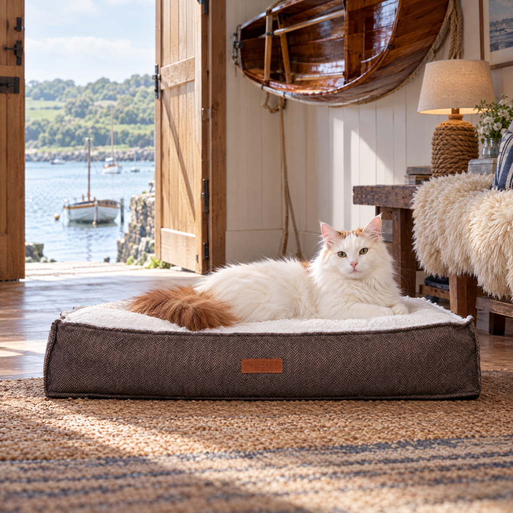 Turkish Van cat lounging on the Lincoln tweed flat pillow bed in a Devon boathouse snug