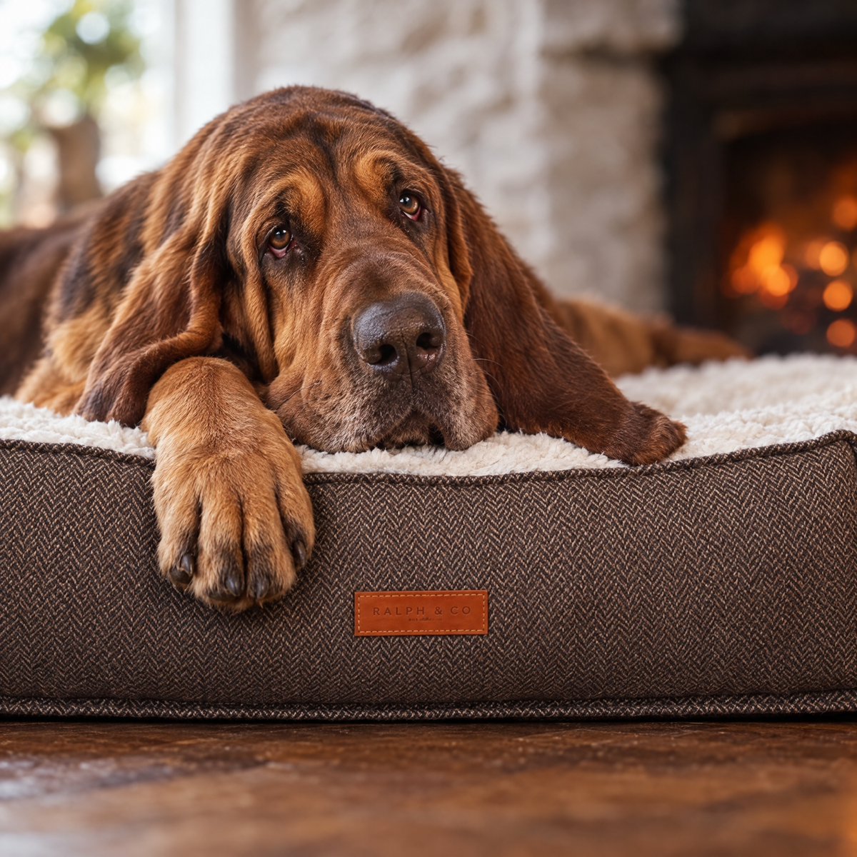 Bloodhound paw over the edge of the Lincoln brown tweed flat pillow bed