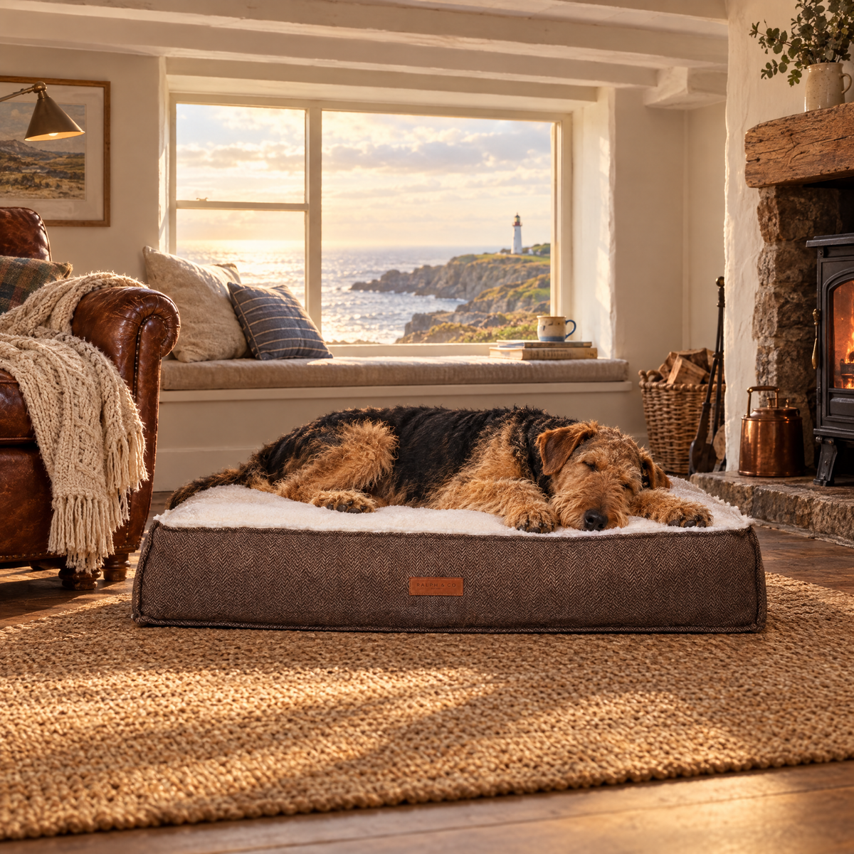 Airedale Terrier stretched out on The Lincoln Tweed Flat Pillow Bed by Ralph & Co in a Cornish clifftop cottage sitting room
