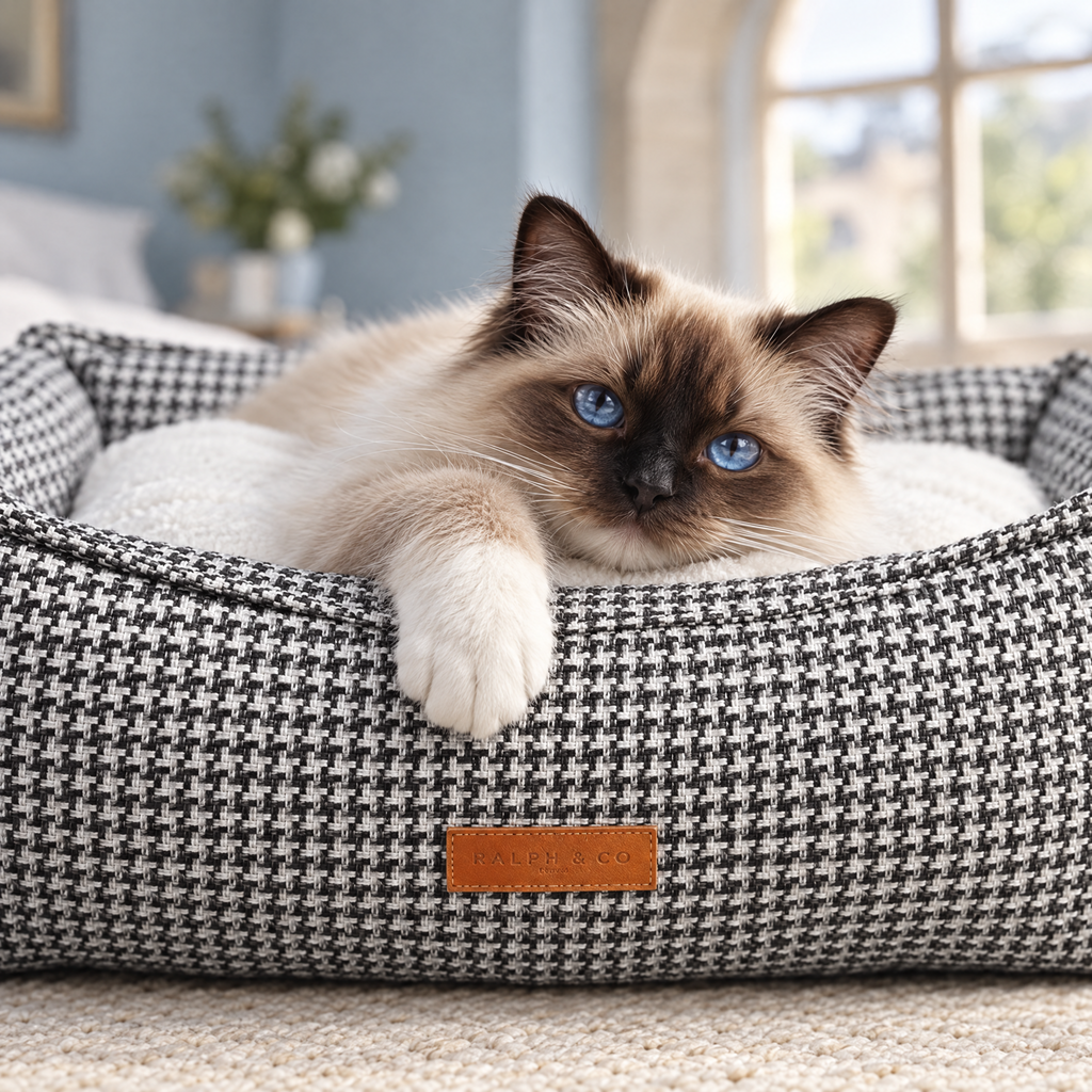 Birman cat paw over the rim of the Kensington houndstooth bolster bed