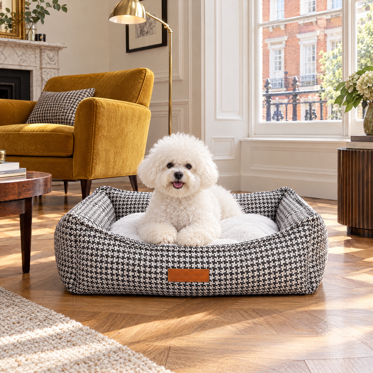 Bichon Frise in the Kensington houndstooth bolster bed in a Marylebone mansion flat