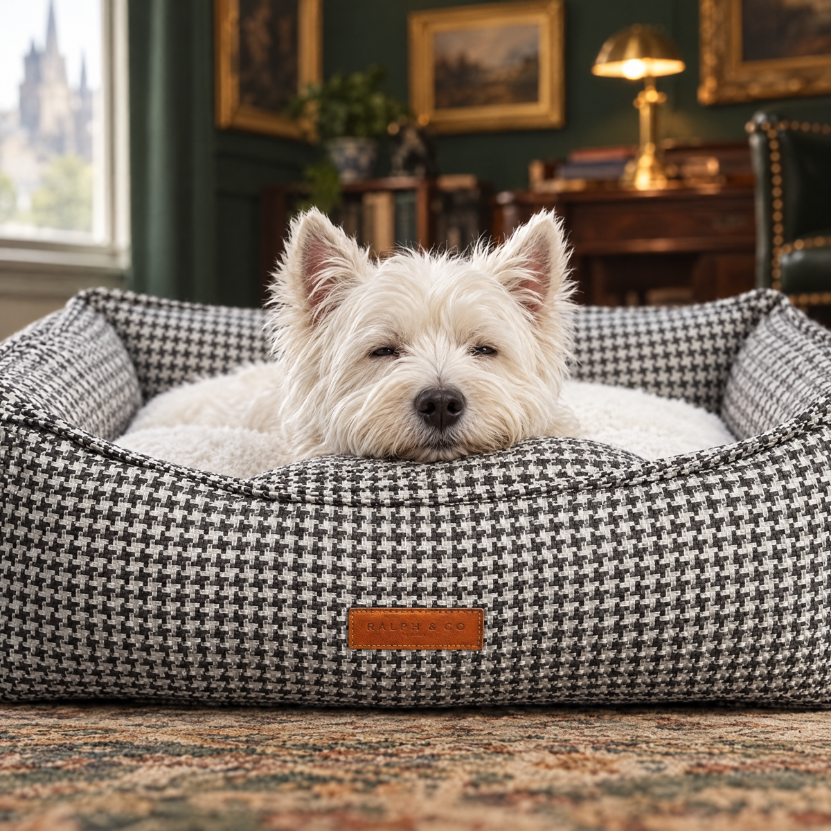 West Highland Terrier resting its chin on the bolster of the Kensington houndstooth bed
