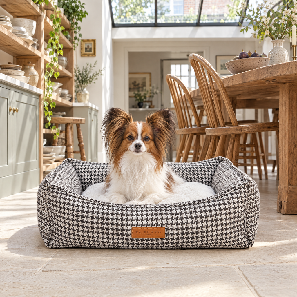 Papillon in the small Kensington houndstooth bed in an Islington kitchen-diner