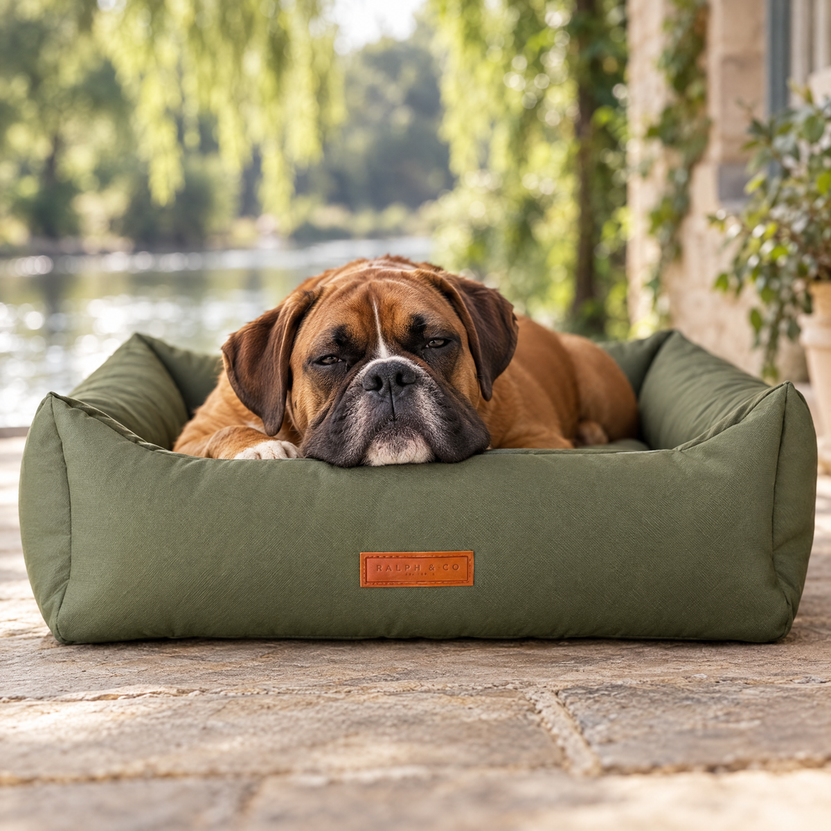 A Boxer resting its chin on the Henley bed's bolster