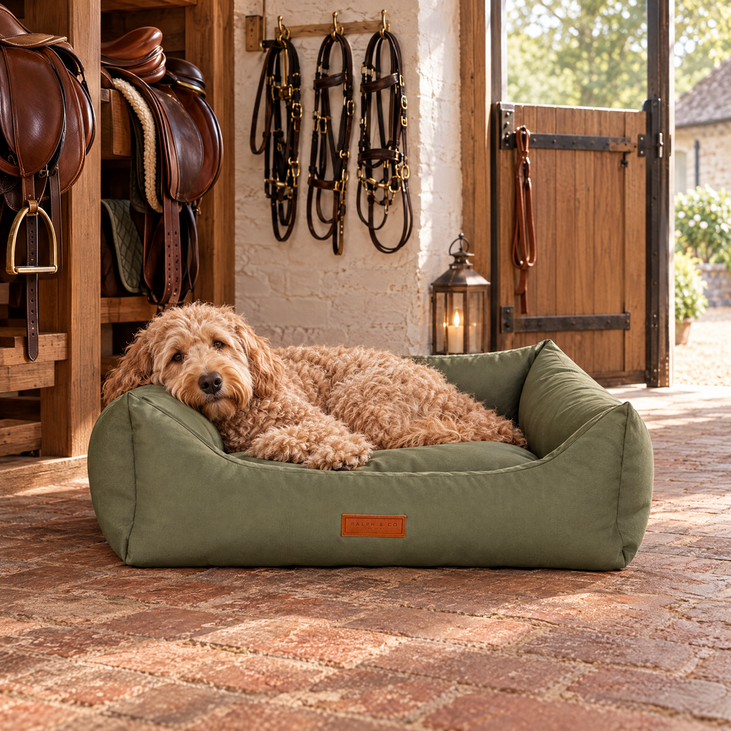 A Goldendoodle resting in the Henley orthopaedic waterproof bolster bed by Ralph & Co, in a Hampshire stable tack room