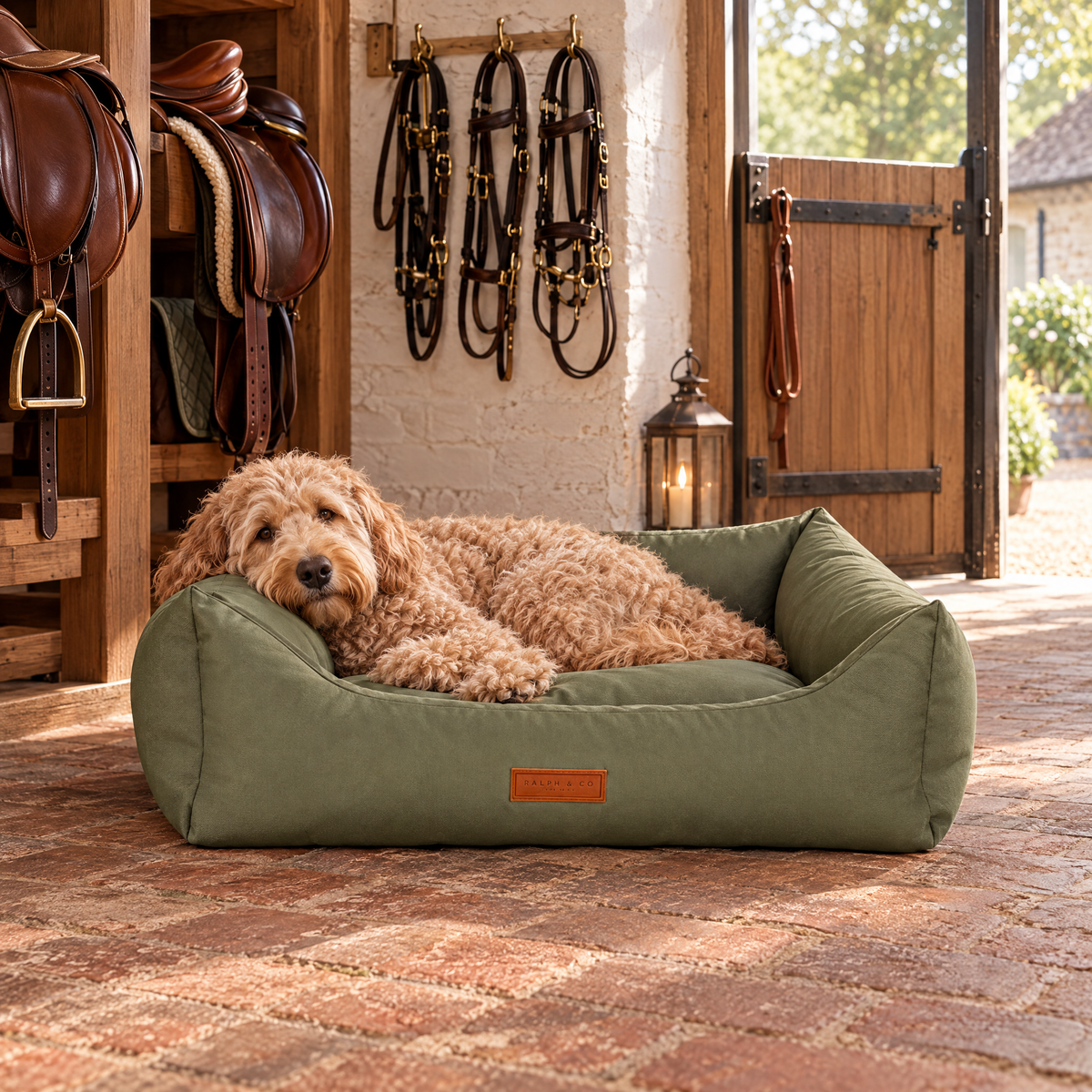 A Goldendoodle resting in the Henley orthopaedic waterproof bolster bed by Ralph & Co, in a Hampshire stable tack room
