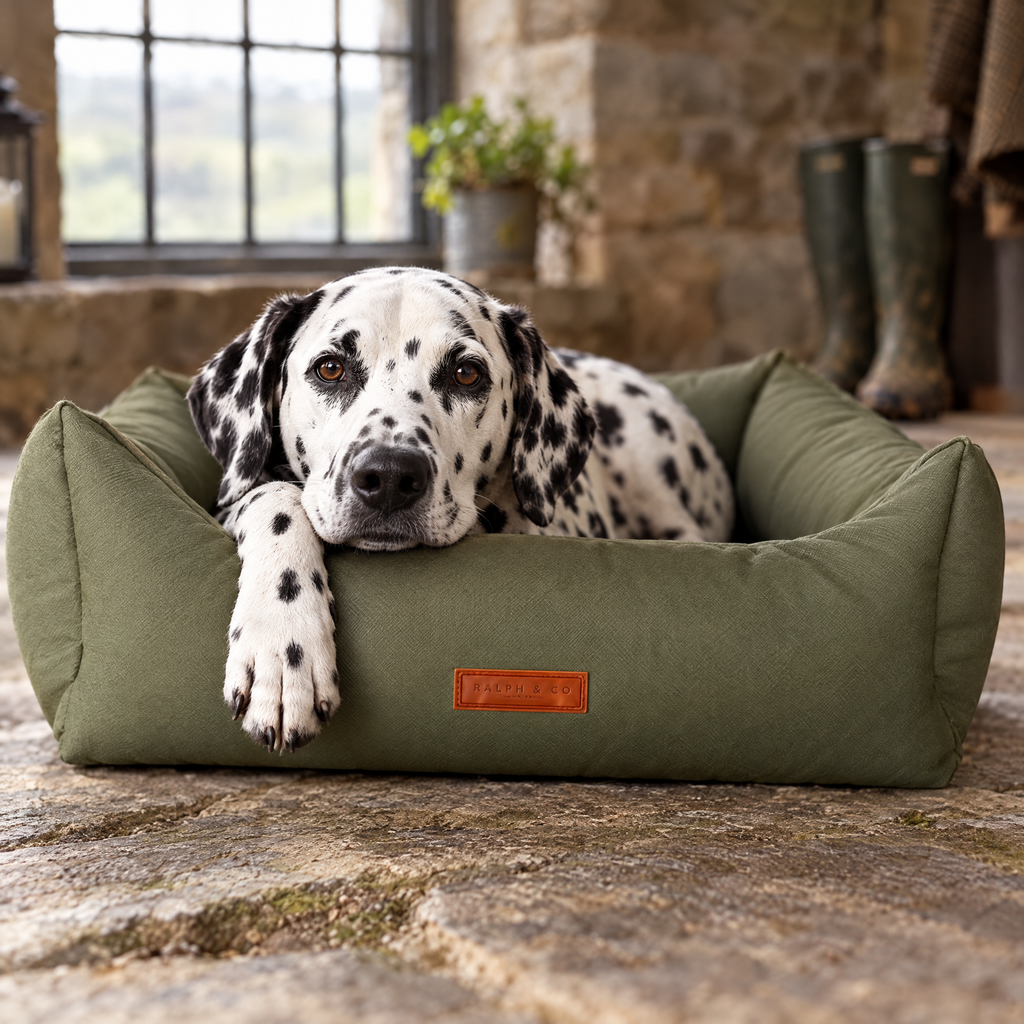 A Dalmatian's paw over the rim of the Henley olive green waterproof bed
