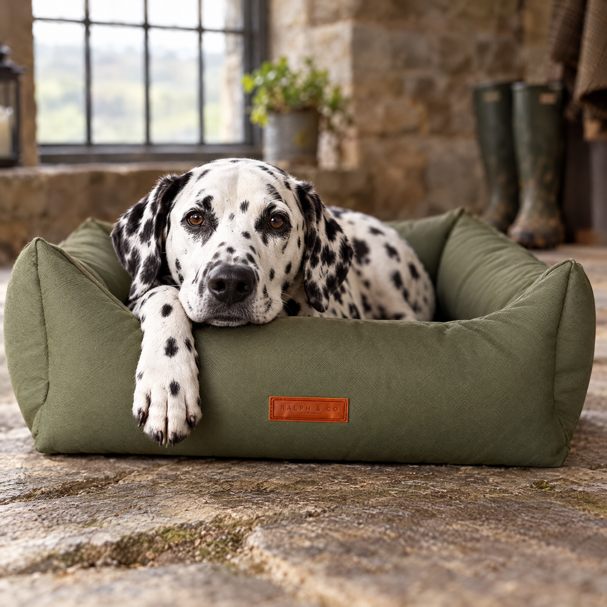 A Dalmatian's paw over the rim of the Henley olive green waterproof bed