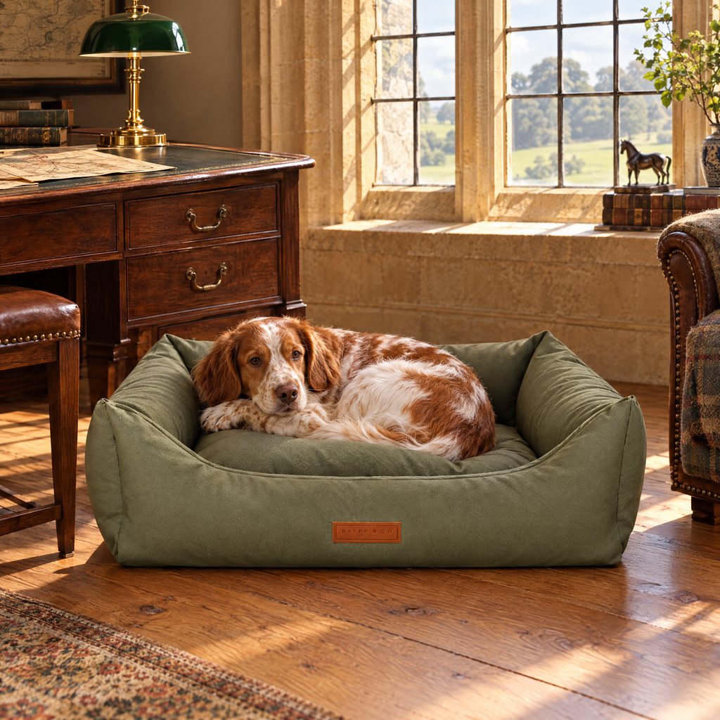 A Brittany curled up in the Henley bolster bed in a Cotswold manor estate office