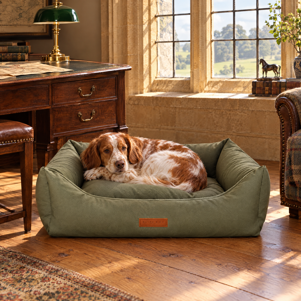 A Brittany curled up in the Henley bolster bed in a Cotswold manor estate office