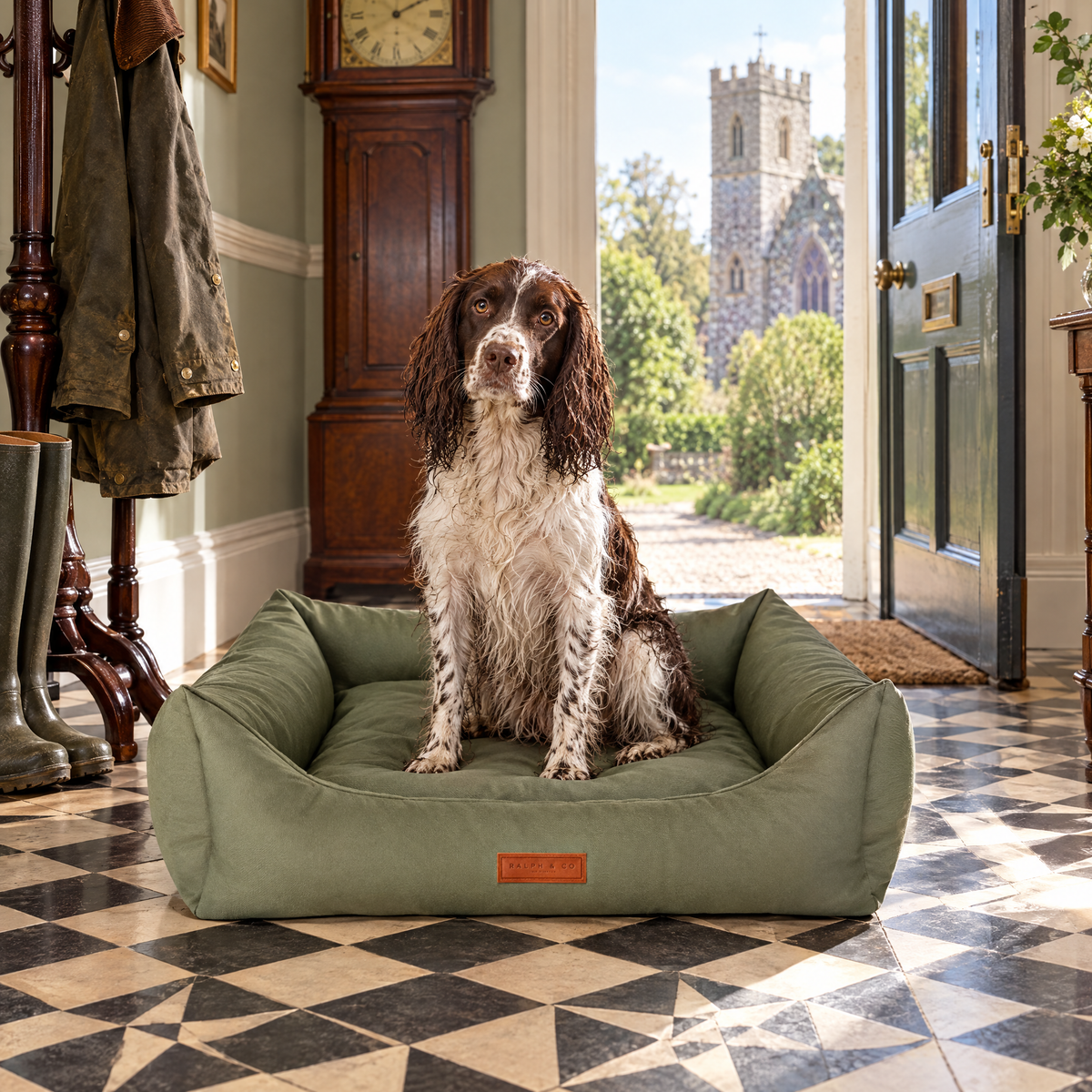 A Sprocker Spaniel in the Henley waterproof bed in a Norfolk rectory hallway