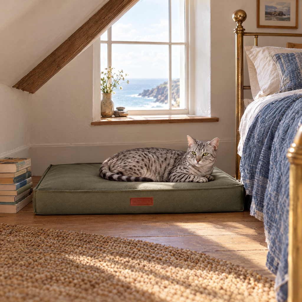 Egyptian Mau cat lounging on the Henley waterproof memory foam bed in a Cornish cottage attic bedroom