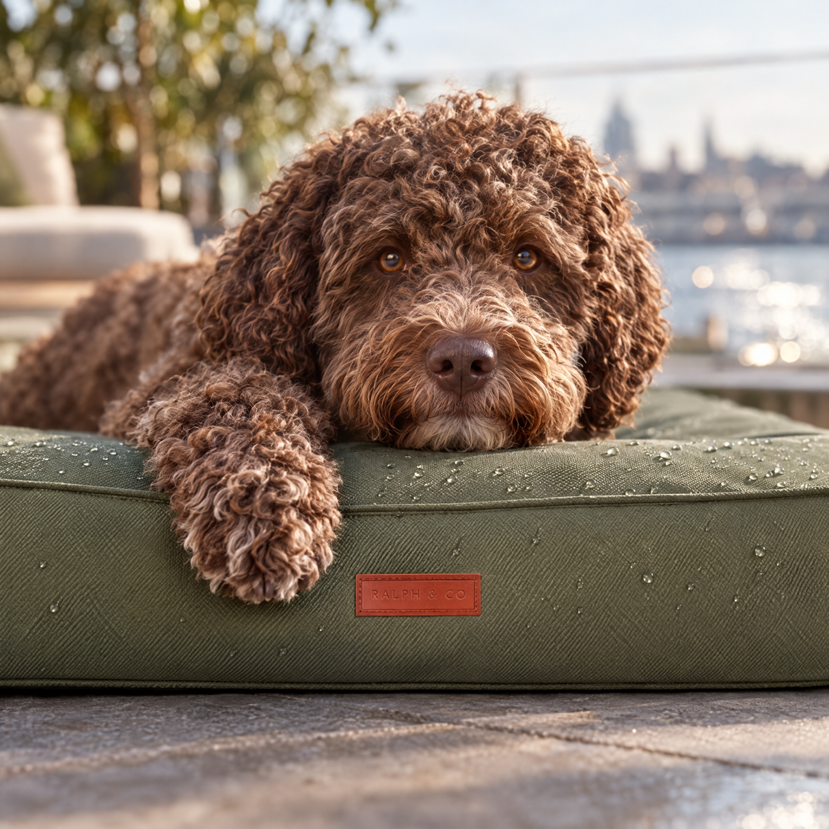 Lagotto Romagnolo paw on the edge of the green Henley waterproof memory foam bed