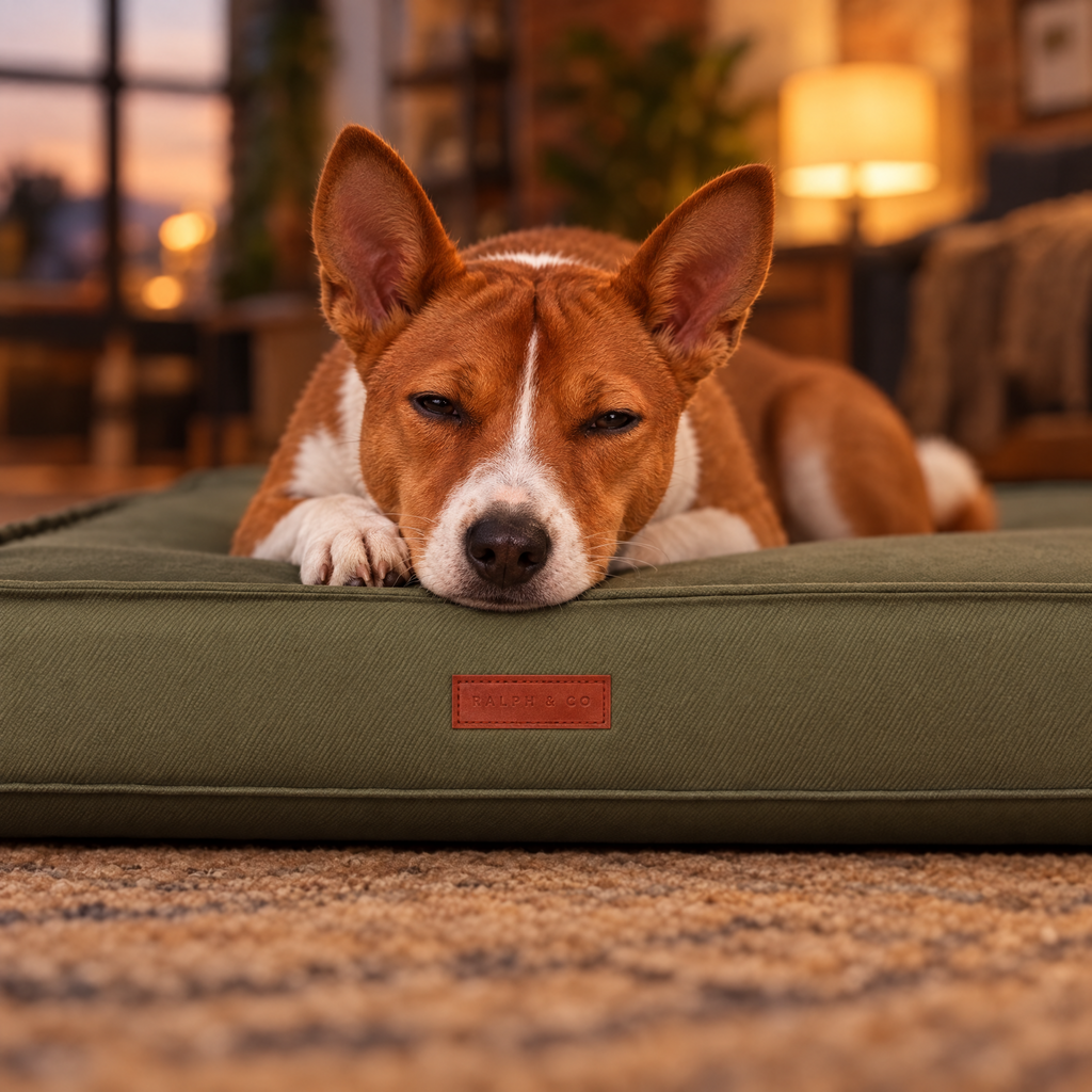 Basenji resting its chin on the Henley waterproof memory foam bed