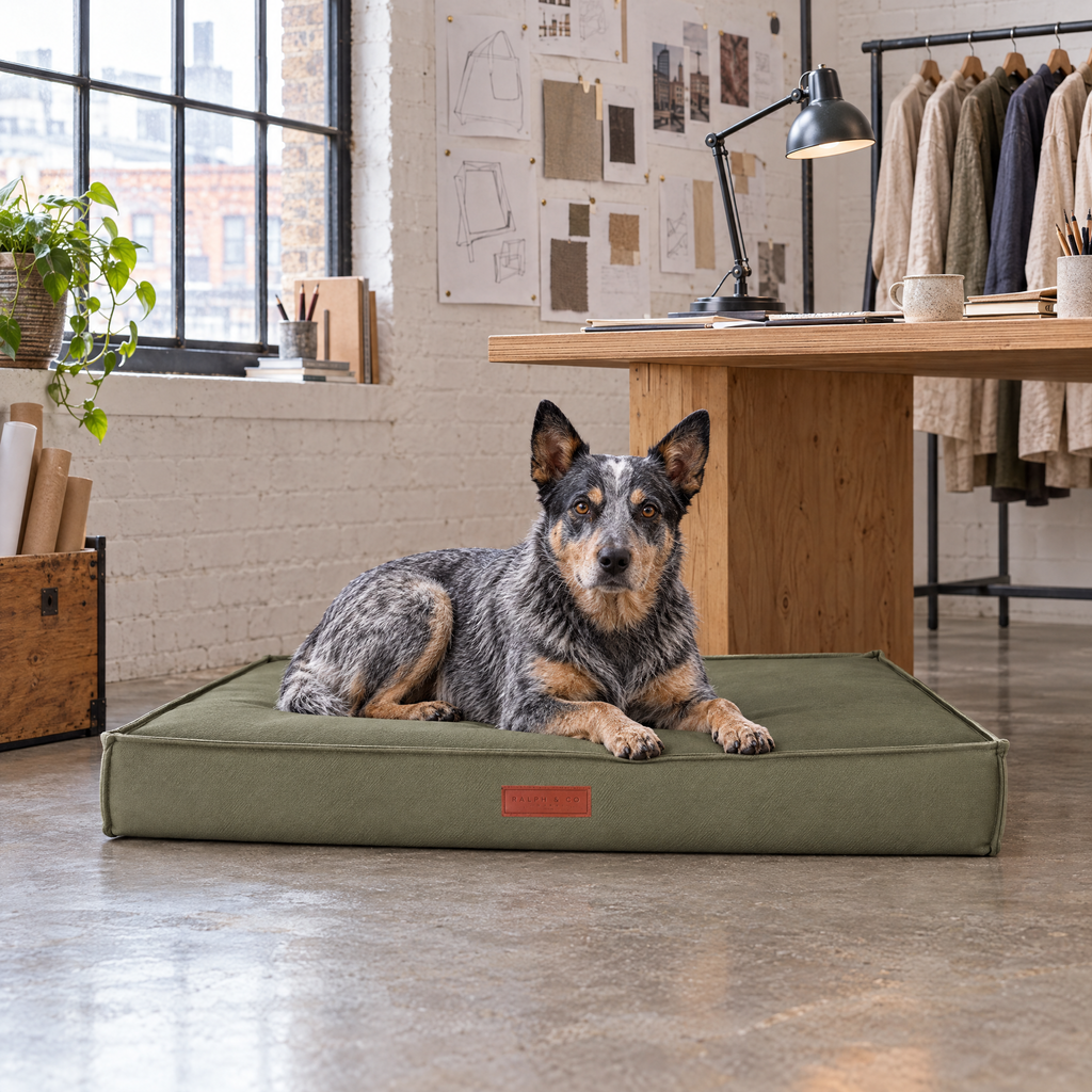 Australian Cattle Dog on the Henley waterproof memory foam bed in a Shoreditch loft studio