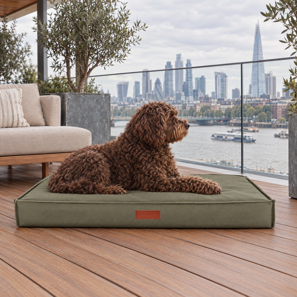 Spanish Water Dog on the Henley waterproof memory foam bed on a Thames-side penthouse terrace