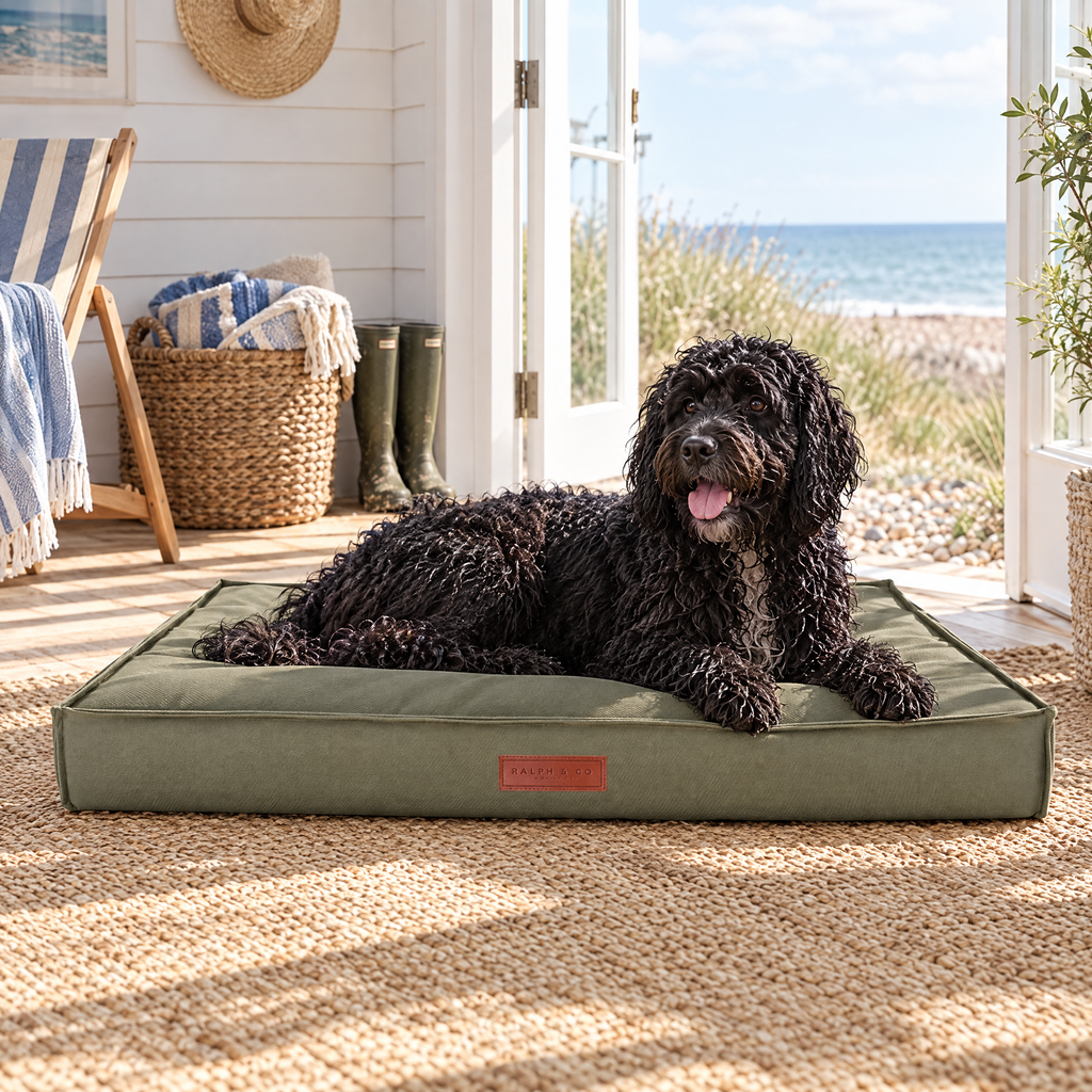 Portuguese Water Dog on The Henley Waterproof Memory Foam Pillow Bed by Ralph & Co in a Suffolk beach house sunroom