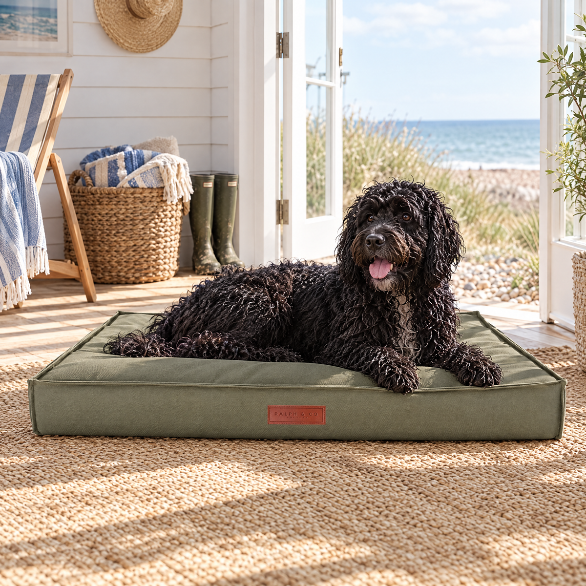 Portuguese Water Dog on The Henley Waterproof Memory Foam Pillow Bed by Ralph & Co in a Suffolk beach house sunroom