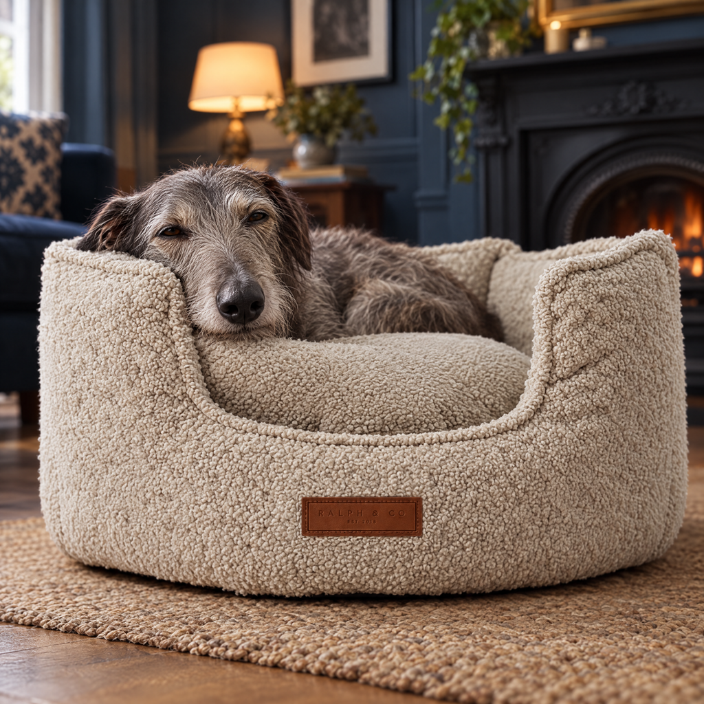 Lurcher resting its chin on the high wall of the Cotswold boucle bed