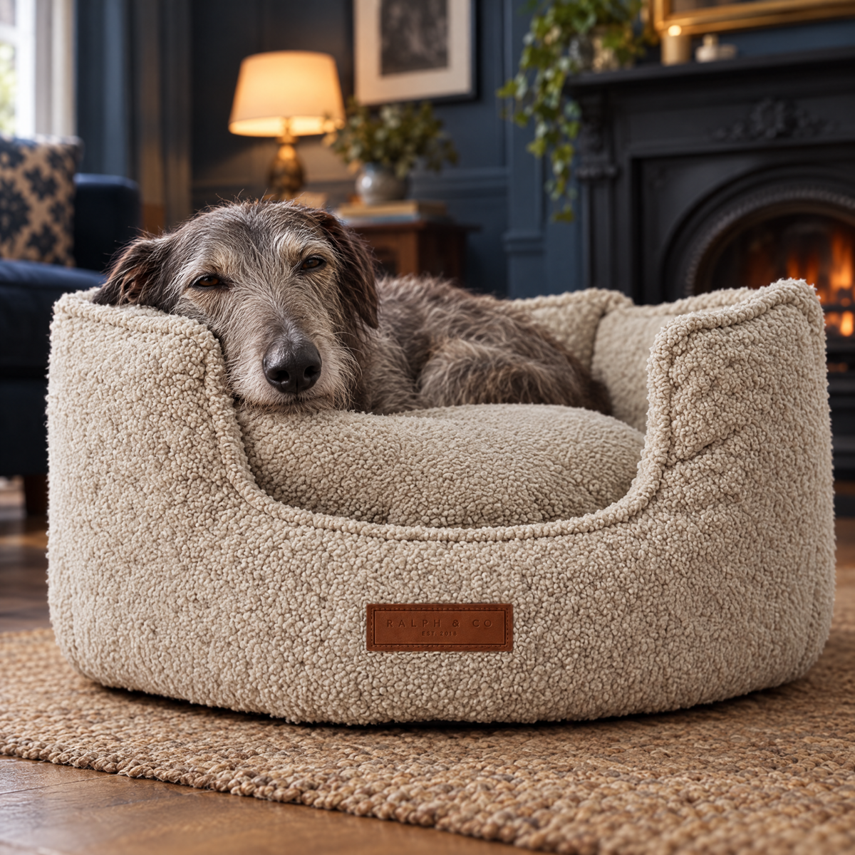 Lurcher resting its chin on the high wall of the Cotswold boucle bed