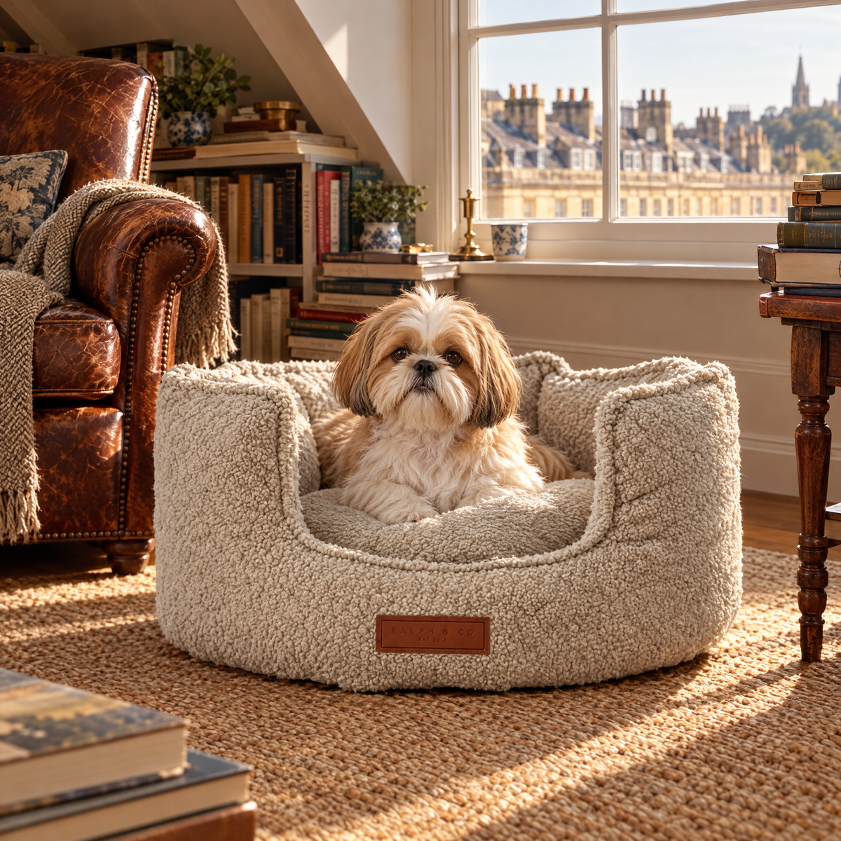 Shih Tzu in the small Cotswold boucle bed in a Bath crescent reading room