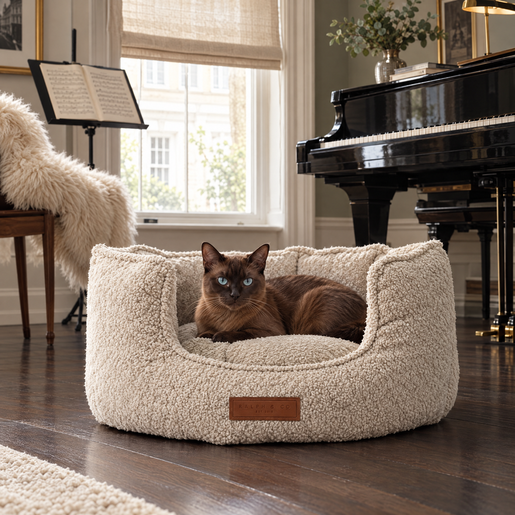 Tonkinese cat lounging in the Cotswold boucle bed in a Marylebone music room