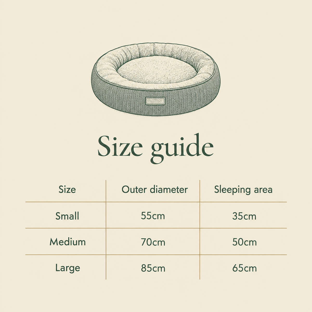 Balmoral donut bed size guide, Small to Large