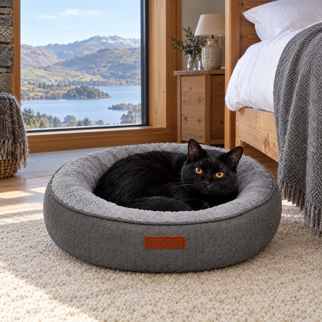 A Bombay cat curled in the Balmoral donut bed in a Lake District lodge bedroom