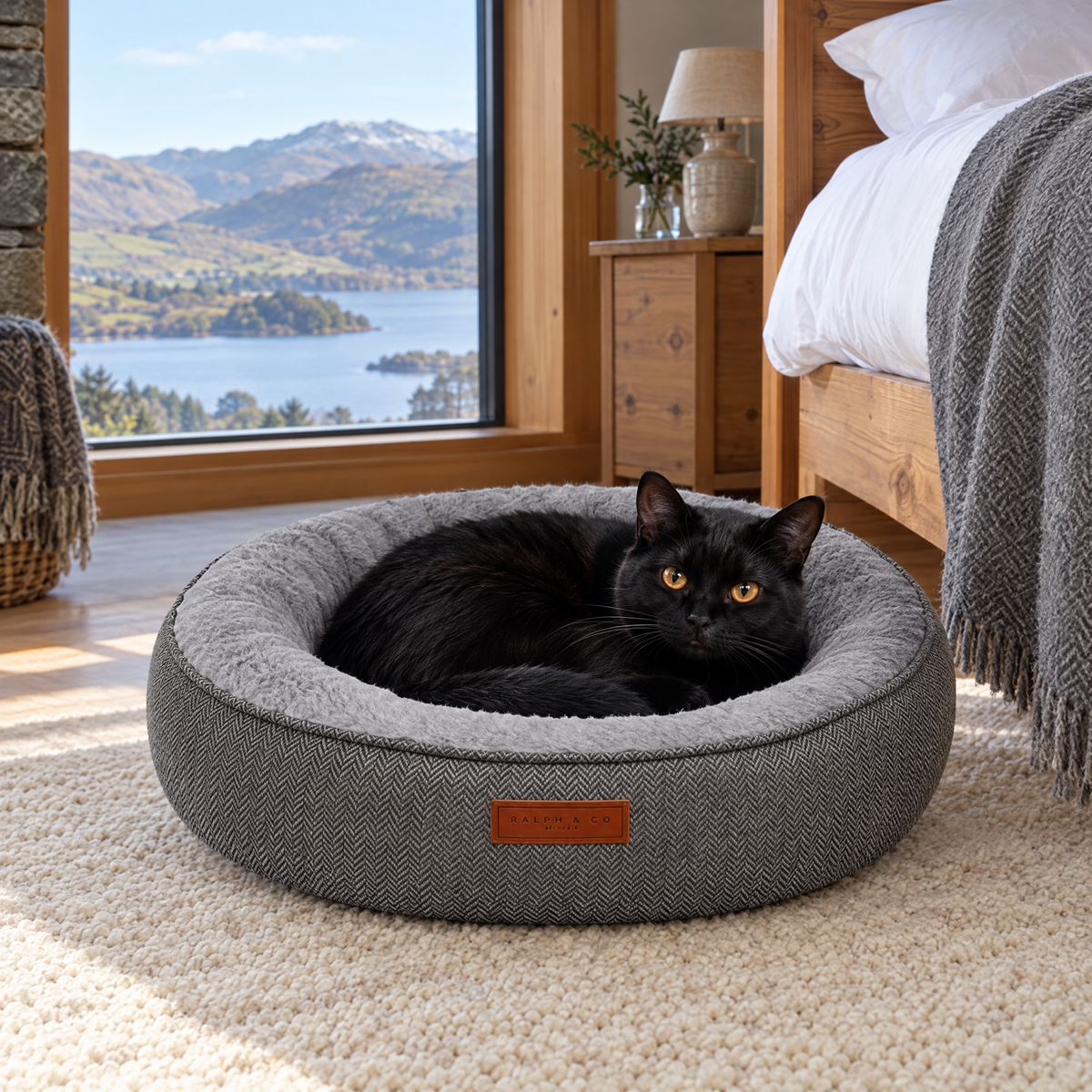 A Bombay cat curled in the Balmoral donut bed in a Lake District lodge bedroom
