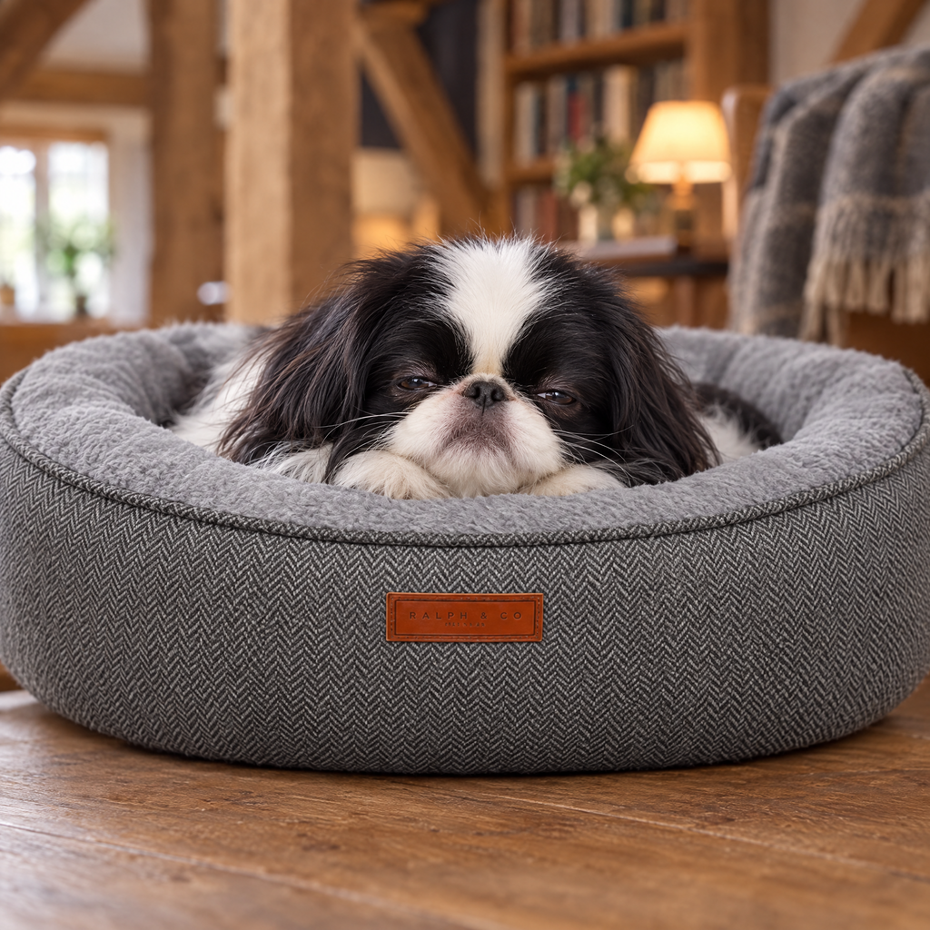 A Japanese Chin resting its chin on the rim of the Balmoral donut bed