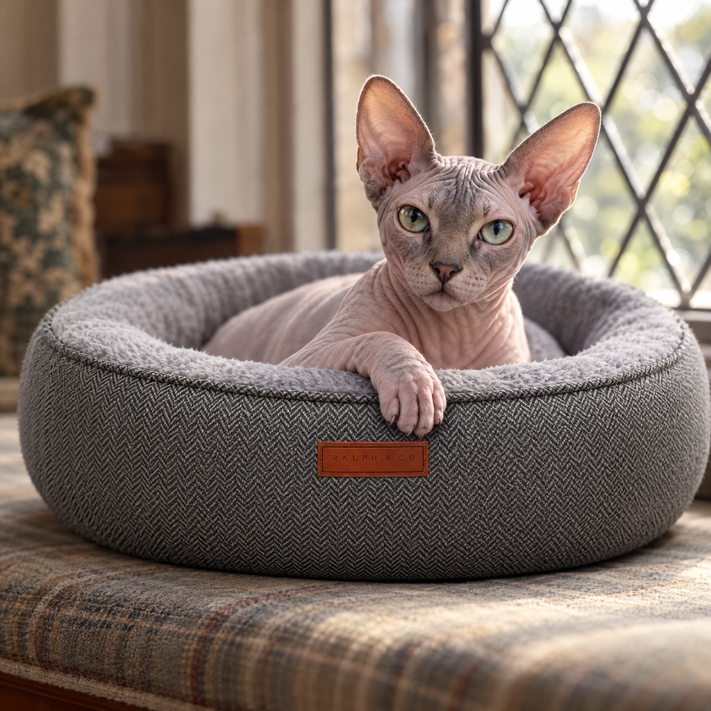 A Sphynx cat's paw over the rim of the Balmoral herringbone donut bed