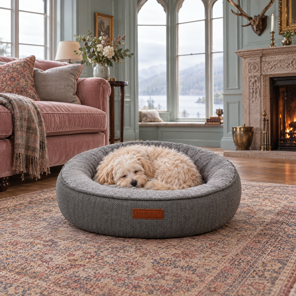 A Maltipoo asleep in the Balmoral herringbone calming donut bed by Ralph & Co, in a Perthshire castle drawing room