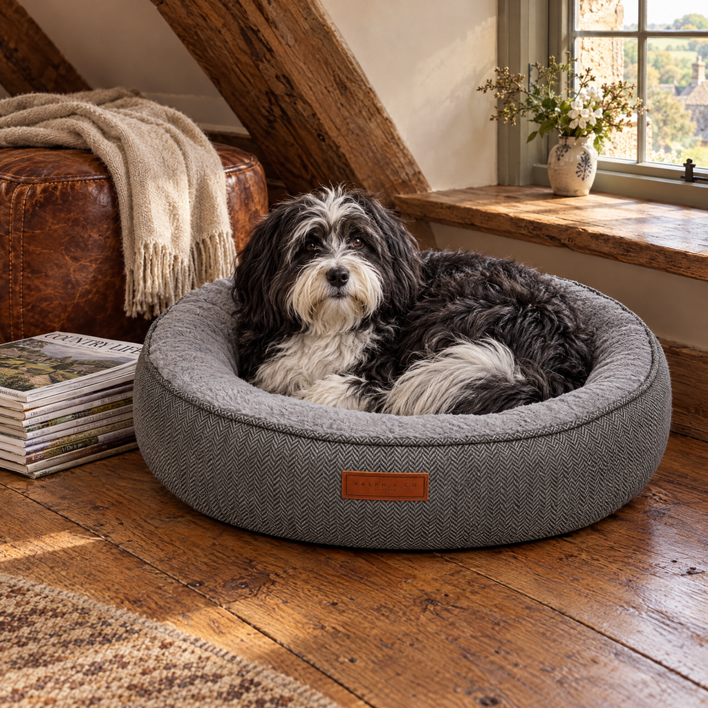 A Tibetan Terrier curled in the Balmoral donut bed in a Cotswold manor attic snug
