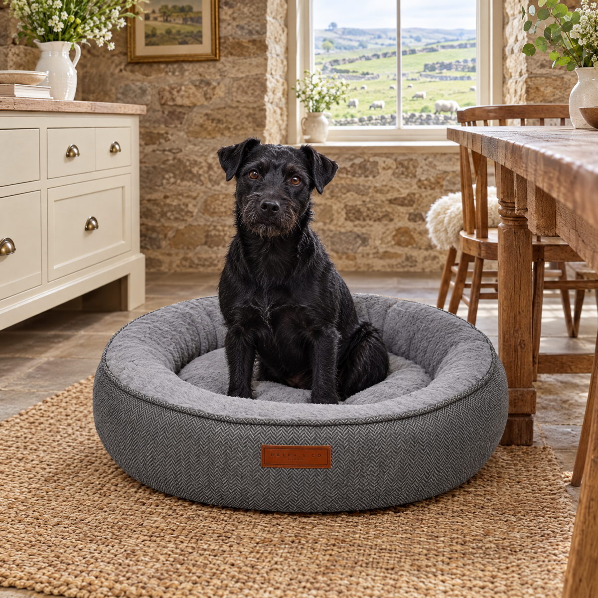 A Patterdale Terrier in the Balmoral donut bed in a Yorkshire Dales farmhouse dining room