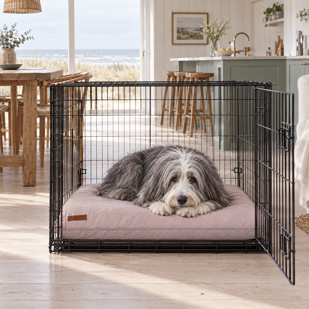 Bearded Collie on the pink memory foam crate mattress in a wire crate in a Suffolk beach house kitchen