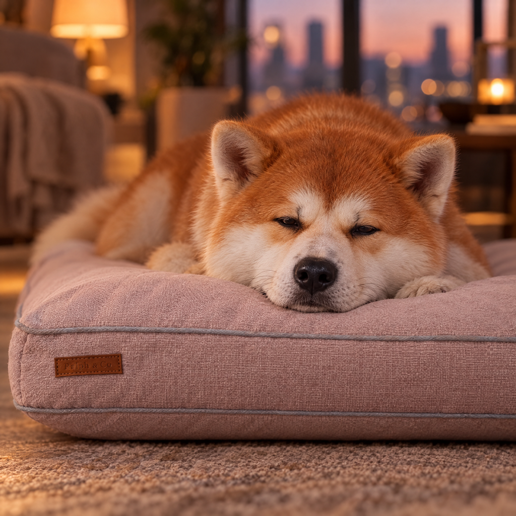 Akita resting its chin on the pink memory foam crate mattress