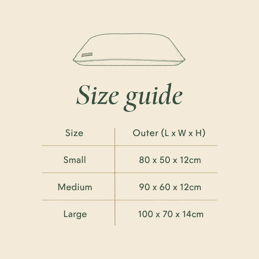 Crate mattress size guide: Small, Medium and Large outer dimensions