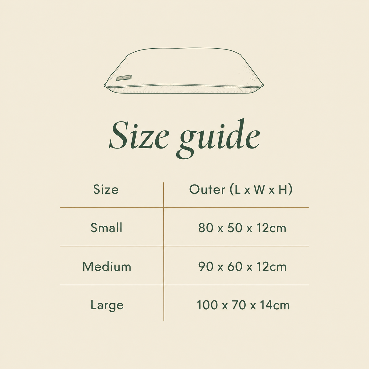 Crate mattress size guide: Small, Medium and Large outer dimensions