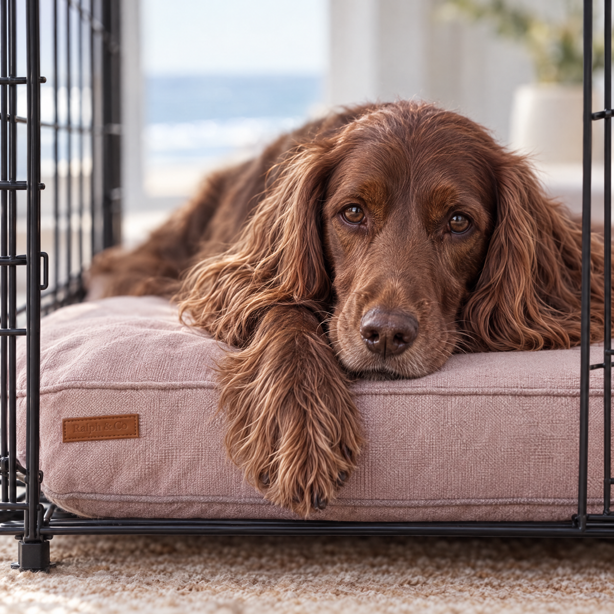 Field Spaniel paw over the edge of the pink memory foam crate mattress in a wire crate