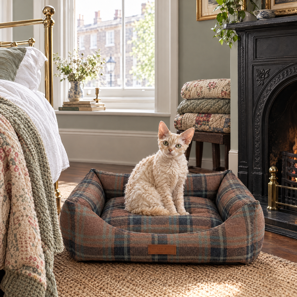 Devon Rex cat in the Marlow tartan bed in an Islington Georgian bedroom