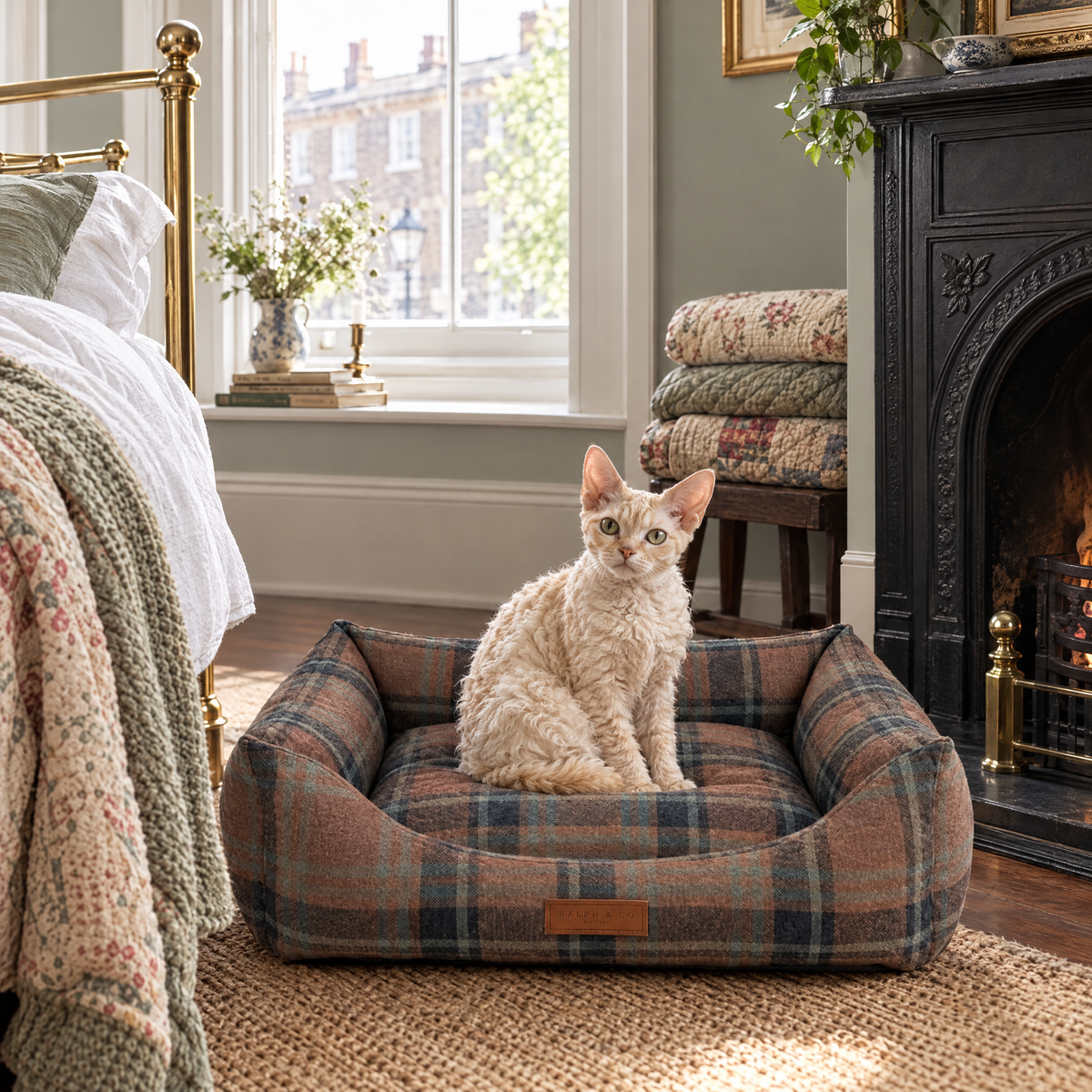 Devon Rex cat in the Marlow tartan bed in an Islington Georgian bedroom