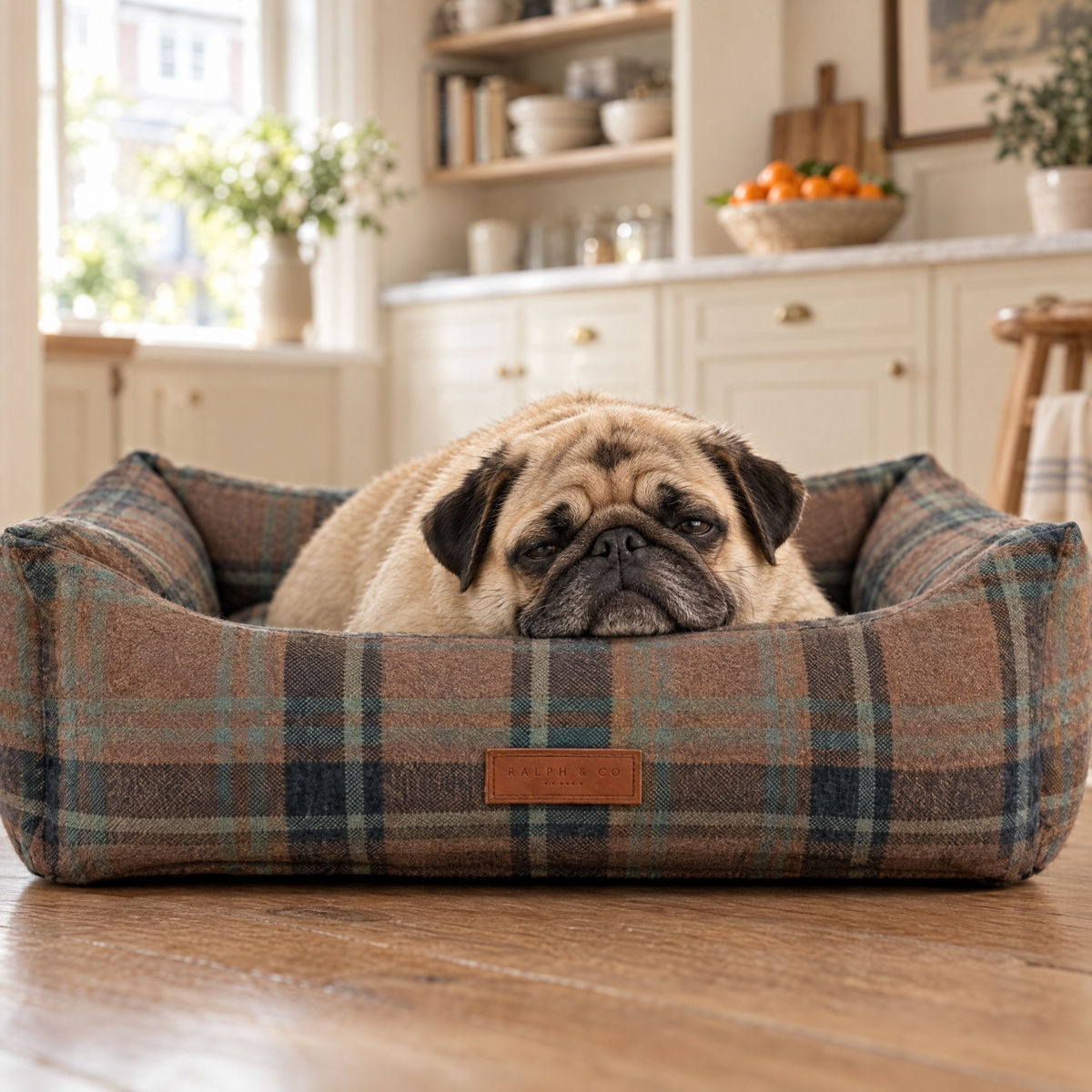 Pug resting its chin on the bolster of the Marlow tartan bed