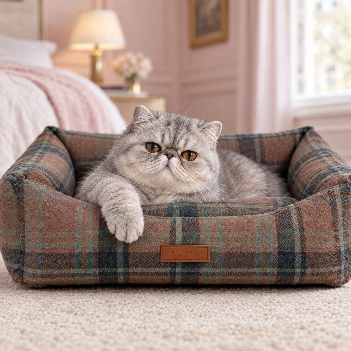 Exotic Shorthair cat paw over the rim of the Marlow tartan bolster bed