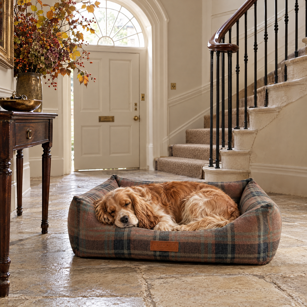 Cocker Spaniel in the large Marlow tartan bed in a Bath Georgian entrance hall